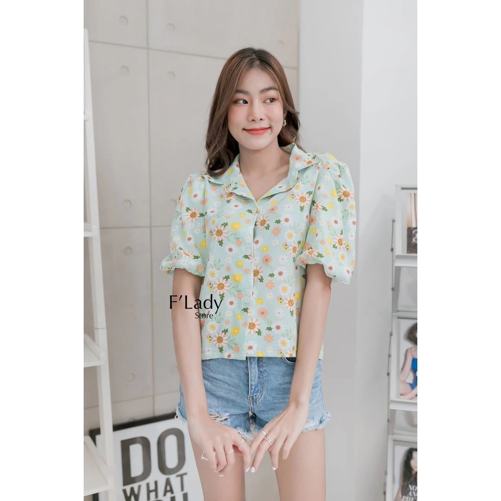 WS85 เสื้อเชิ๊ตคอปกแขนสั้นทรงบอลลูน ลายดอกไม้ ลายทาง ลายกราฟฟิก thumbnail 3