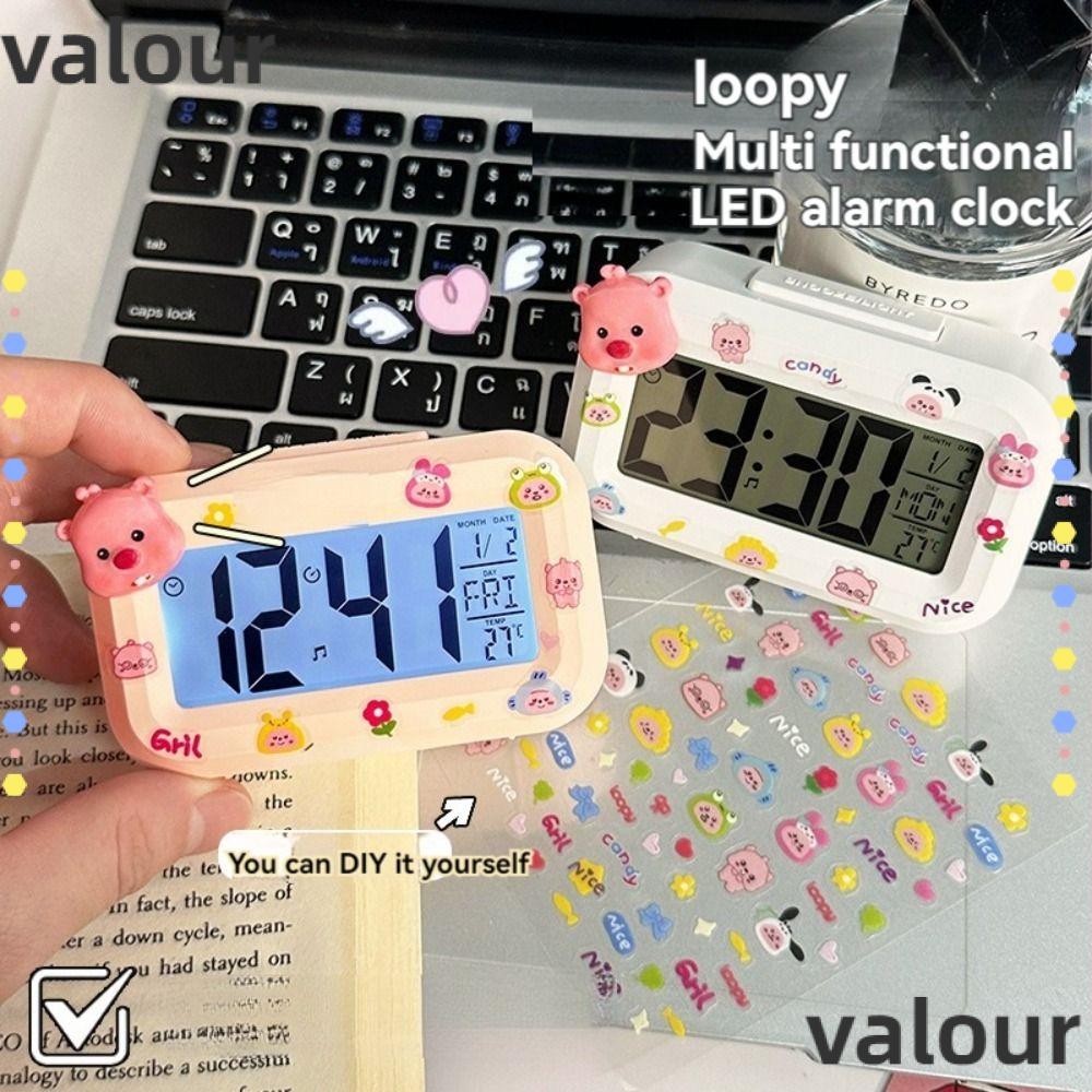 Valour นาฬิกาดิจิตอล LED, นาฬิกาปลุกแบบห่วงขนาดเล็ก Kawaii, การ์ตูนพร้อมไฟกลางคืนนาฬิกาตั้งโต๊ะหอพักนักเรียน