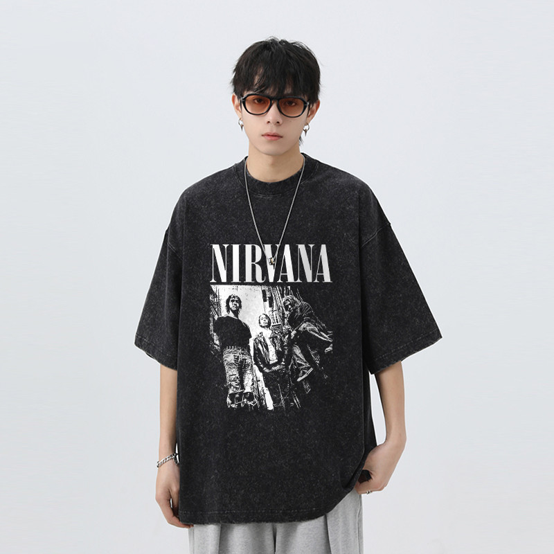 Nirvanaวงดนตรี Qkoole เสื้อฟอก oversize สไตล์อเมริกันเรโทร เสื้อคู่ลำลองทรงพิมพ์ล I000731