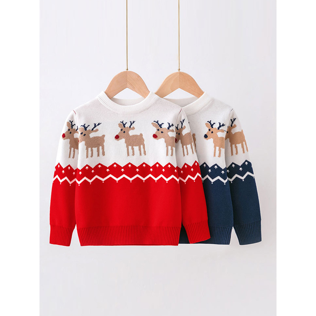เสื้อผ้าคริสมาสต์สำหรับเด็กซานตาคลอสเสื้อกันหนาวเด็กเสื้อถักเด็กผู้หญิง2025ใหม่ฤดูใบไม้ร่วงและฤดูหนาวเด็กชายการ์ตูนกวางเสื้อกันหนาว