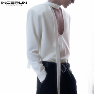 Incerun เสื้อเชิ้ตแขนยาวสีทึบลําลองสําหรับบุรุษเกาหลี
