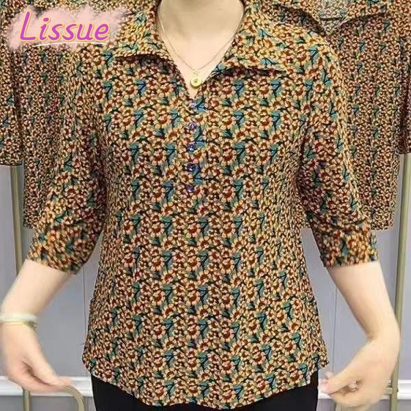เสื้อเชิ้ตลายดอกไม้ผู้หญิงแฟชั่นวัยกลางคนและผู้สูงอายุสไตล์ลําลองปกด้านบน