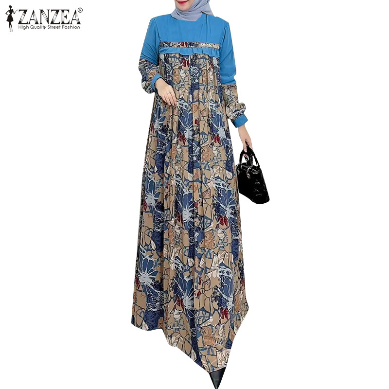 ZANZEA ใส่ ซานเซีย ผู้หญิงมุสลิม โอ-คอ รัฟเฟิล พิมพ์ชุดหลวมแขนยาวสี