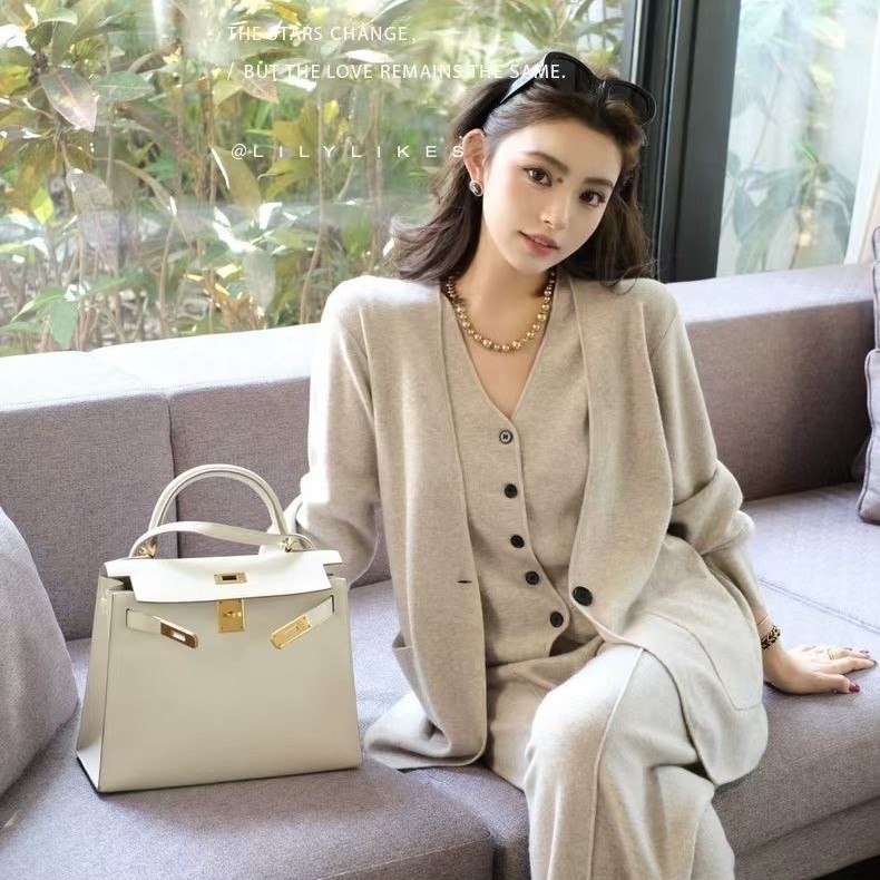 ดีงามคนดังแฟชั่นสูทผู้หญิงฤดูใบไม้ร่วงฤดูหนาวสไตล์ใหม่หลวมสวมใส่ด้านนอกอินถักเสื้อกั๊กกางเกงขากว้างสาม @-