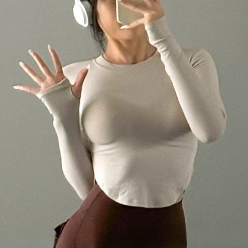 Yogaheal (เบาะ) กีฬาด้านบน Ribbed Side Slits ผิว Slim แขนยาว Gym ฟิตเนส
