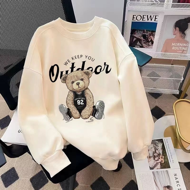 หมีน้อยจดหมายการ์ตูนพิมพ์หญิงฤดูใบไม้ร่วงและฤดูหนาวรอบคอเสื้อกันหนาวแขนยาวเสื้อสวมหัวเด็กด้านบน อิน แฟชั่น