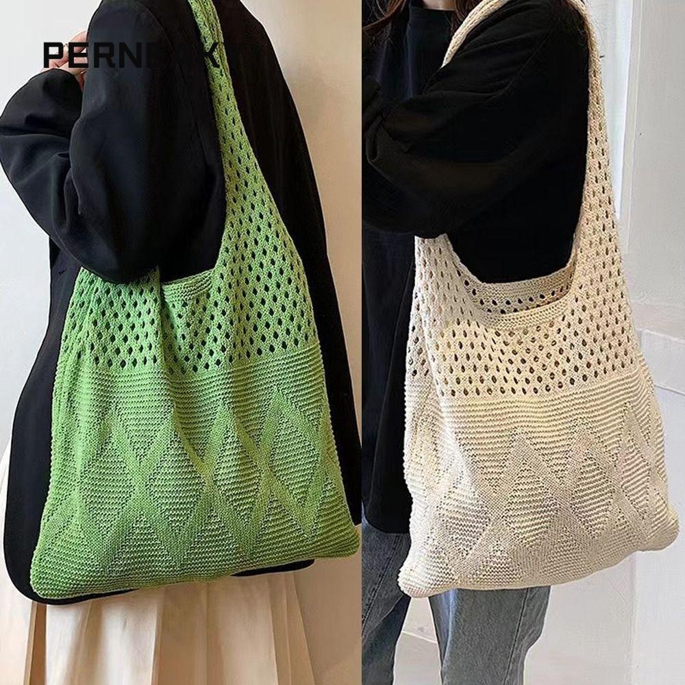 Perneaky กระเป๋าสะพายถัก, ความจุขนาดใหญ่ Beach Shopping Tote, Fashion Sundries Storage Travel Hollowทอ Messenger Bag Student
