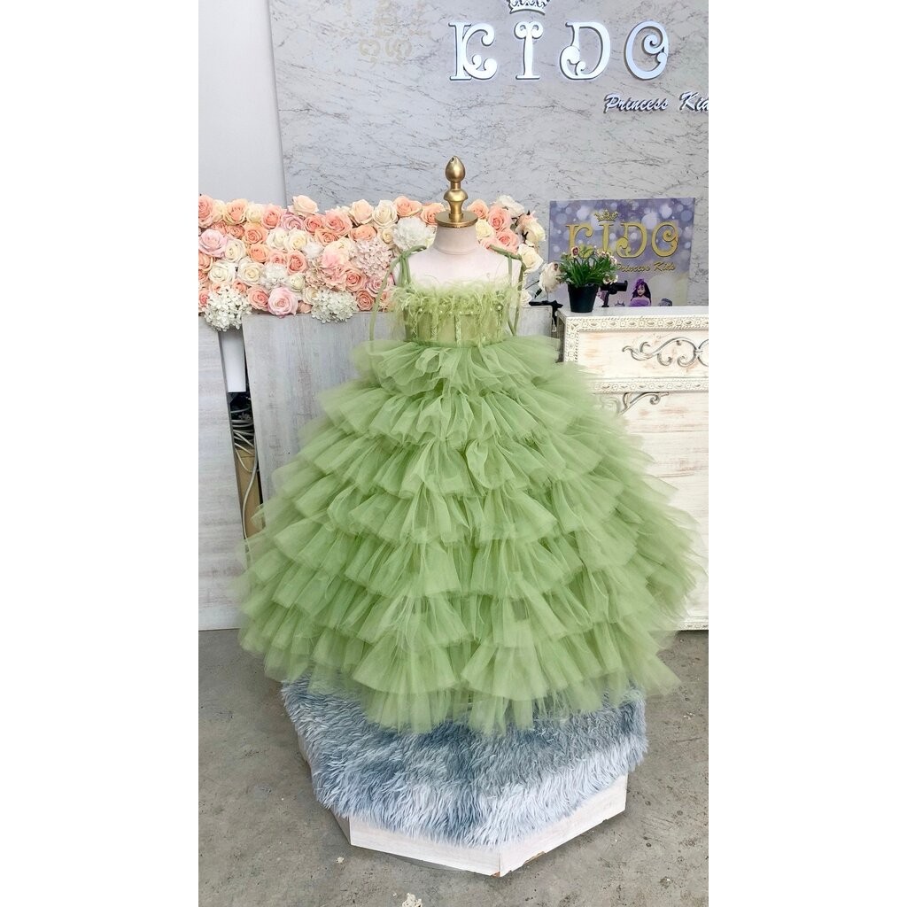 ชุดราตรีเด็ก(ร้านอยู่รัชดา ลองได้ถ่ายรูปจากชุดจริง)W19021 สีเขียว สายเดี่ยว กระโ