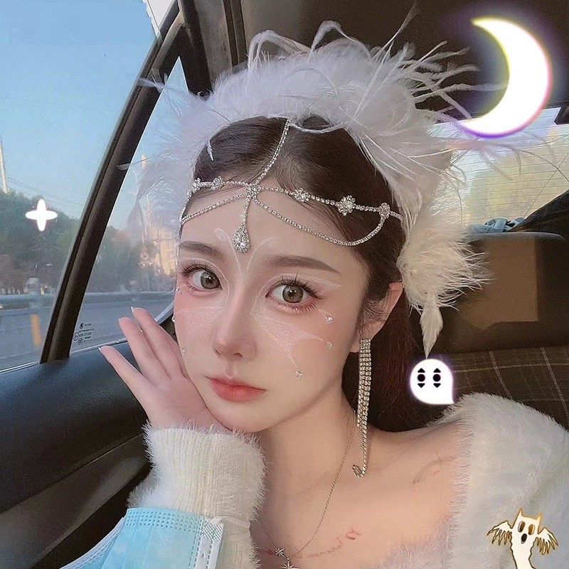 ที่คาดผมขนนกสีขาวสีดําผู้หญิงหรูหราอินเทรนด์เกาหลีสําหรับเครื่องประดับผมลุคเก๋