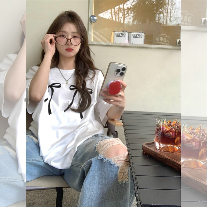 (จัดส่งตลอด 24 ชั่วโมง）OOOK Official เสื้อยืดแขนสั้นสำหรับฤดูร้อน. สีแดง. ทำจากผ้าฝ้าย. มีการพิมพ์ลายโบว์. - รูปที่ 4