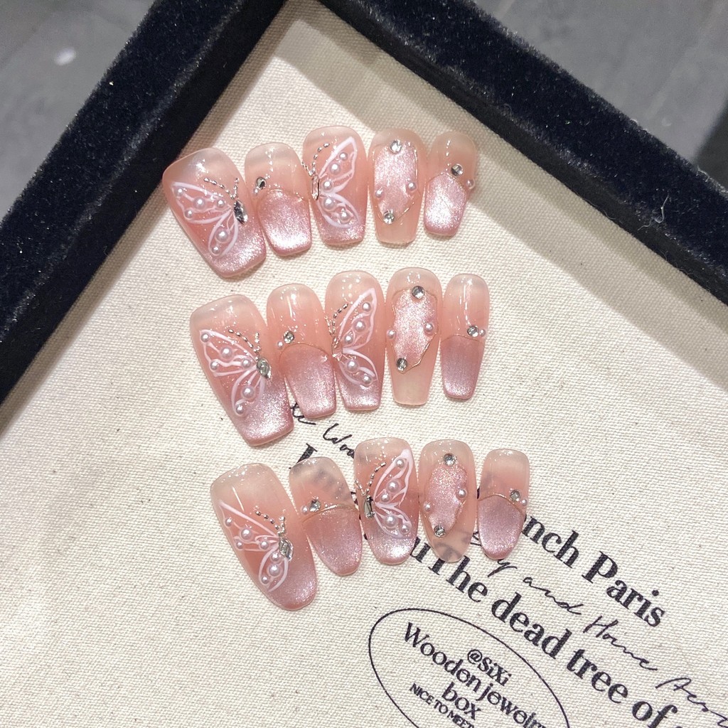 [ฟรี Toolkit COD] handmade Oval/trapezoid Shape เล็บประดิษฐ์ Alice Fairy Butterfly Cat's Eye Pearl Nude Light Luxury Phototherapy เล็บปลอมกดบนเล็บ reusable