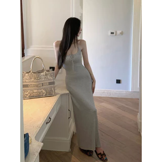 🌙ชุดเดรส,🌙สีเทาอ่อนเซ็กซี่ฤดูร้อนแต่งตัวสลิมฟิตคอเชือกแขวนคอ