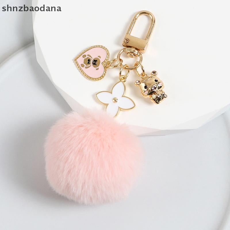 [SHNZAA] Ins ใหม่ Kawaii Love Bear สีชมพูสีดํา Pompom พวงกุญแจกระเป๋าสุภาพสตรีจี้รถ Key Holder สาวพวงกุญแจ Ch อุปกรณ์เสริมของขวัญ FSSG