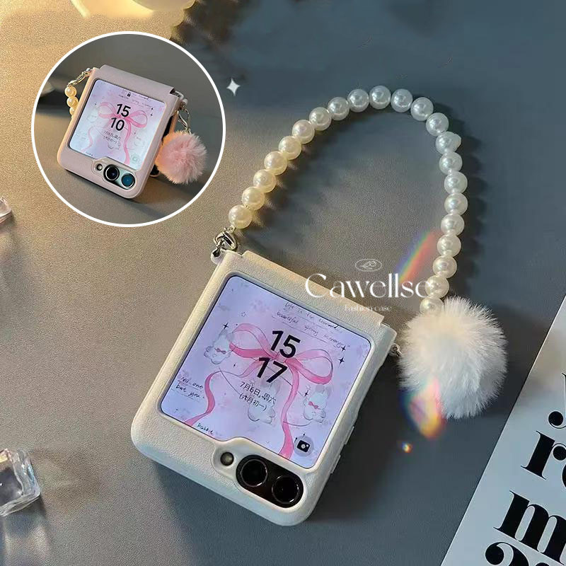 หรูหราหนัง PU เคสโทรศัพท์ Samsung Galaxy 6 Z Flip 5 Z Flip 4 กรณี Hairball Pearl สร้อยข้อมือ Slim กันกระแทกปกหลัง Flip6 Flip5