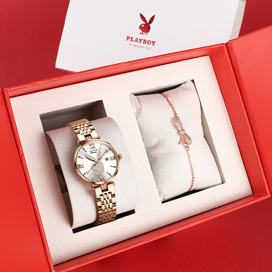 PLAYBOY นาฬิกา ข้อมือ ผู้หญิง แฟชั่น watch 100% นาฬิกาข้อมือกันน้ำได้ หญิง ควอตซ์ สายสเตนเลส กุหลาบทอง ชุด สร้อยข้อมือ 2054-M