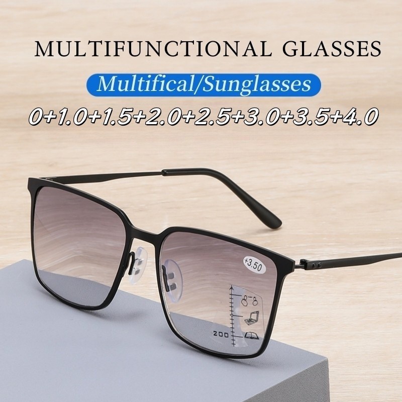 แฟชั่น Square Progressive Multifocal แว่นตาอ่านหนังสือ Dual-purpose Refrive Sunshade แว่นอ่านหนังสือสําหรับใกล้และไกล