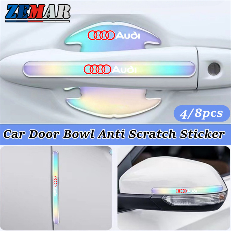 4/8 ชิ้น Audi รถประตูชามสติกเกอร์ Anti Scratch สติกเกอร์เลเซอร์ที่มีสีสันรถประตูกระจกมองหลังป้องกันห