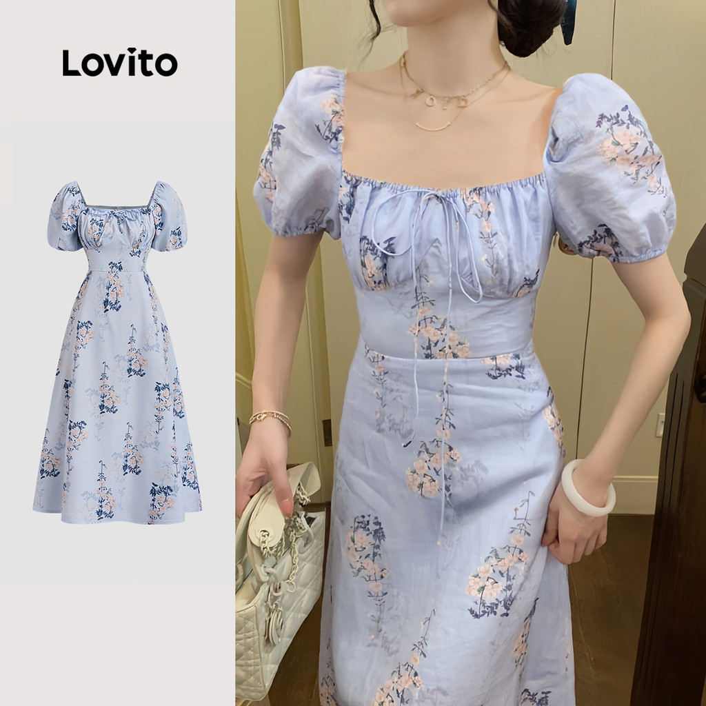 Lovito แบบชุดสุดหรูลายลูกไม้ผูกเชือก สัมผัสนุ่มนวล ชุดฤดูใบไม้ผลิ/ฤดูร้อน LBL26087