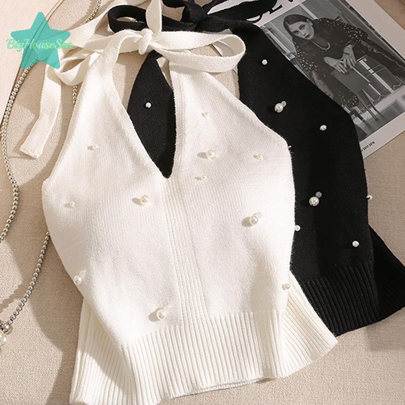 [BigHouseSea] แฟชั่นภาษาฝรั่งเศสคําลูกปัด Halter คอ Tie Knot Backless ถักเสื้อกั๊กสําหรับผู้หญิงใหม่