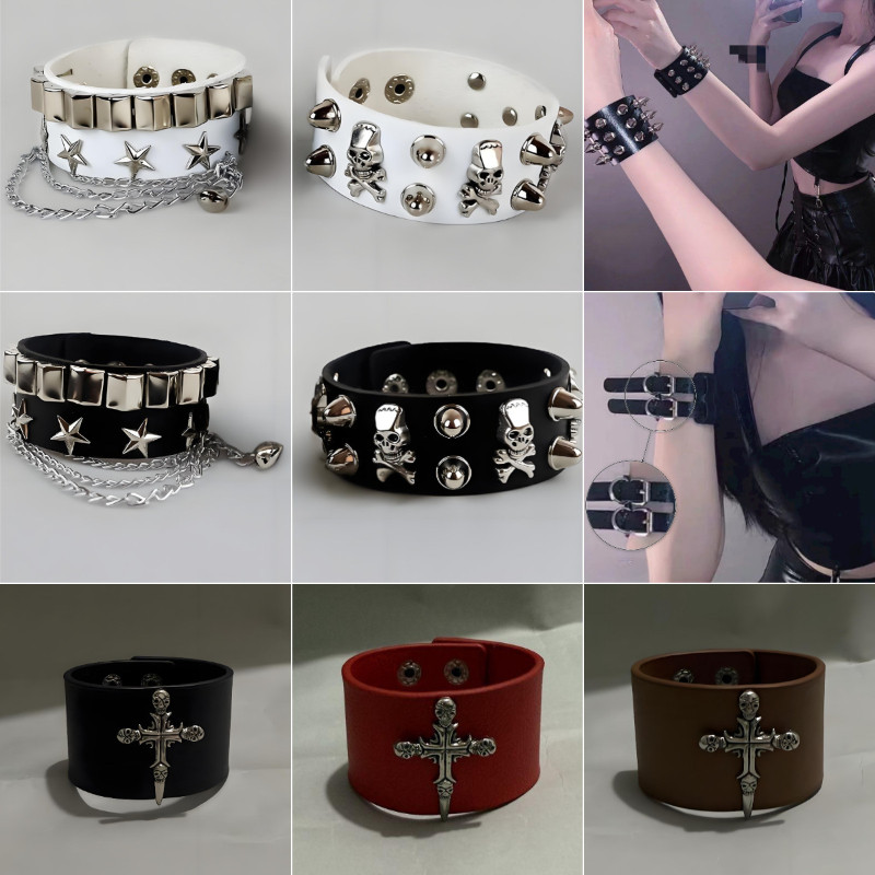 สร้อยข้อมือPUแบบRivet สไตล์Punk & Hip-Hop สำหรับทั้งผู้หญิงและผู้ชาย ตกแต่งด้วยลวดลายศีรษะกะโหลกดารา