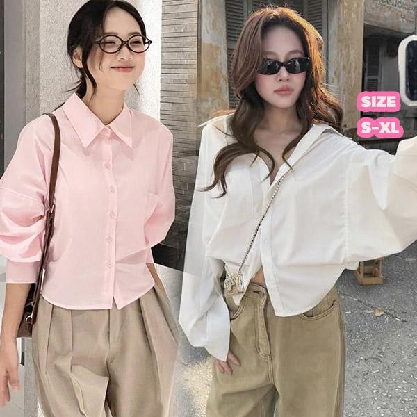 mimi&didi#เสื้อเชิ้ตทรงหลวมครอป แขนยาว เสื้อเชิ้ตสีขาว ผลิตจากผ้าเทียน ดีไซน์เข็มขัดเอวบางด้านหลัง สำหรับผู้หญิง#W622