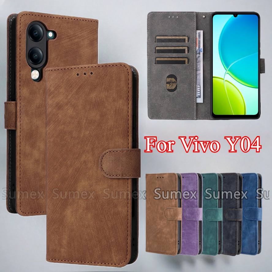 ฝาครอบหนังสําหรับ Vivo Y04 4G 2025 ขาตั้งแม่เหล็กช่องใส่การ์ดกระเป๋าสตางค์เคสโทรศัพท์ Anti Theft RFI