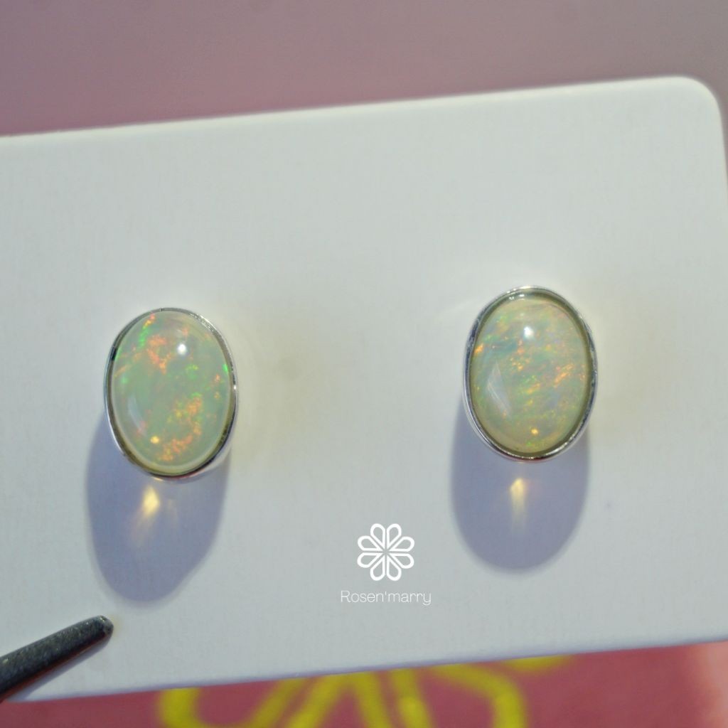 Rosen'marry/ต่างหูติดหูพลอยโอปอลแท้ ตัวเรือนเงินแท้925 ชุบทองคำขาว พร้อมกล่อง RE102 ต่างหูติดหู