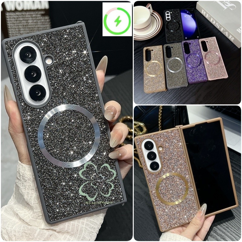 Magnetic Glitter Bling Diamond Case Samsung Galaxy Z Fold 8 ultra fold 7 6 5 4 Casing Wireless Charging Connection Buckle Back Cover