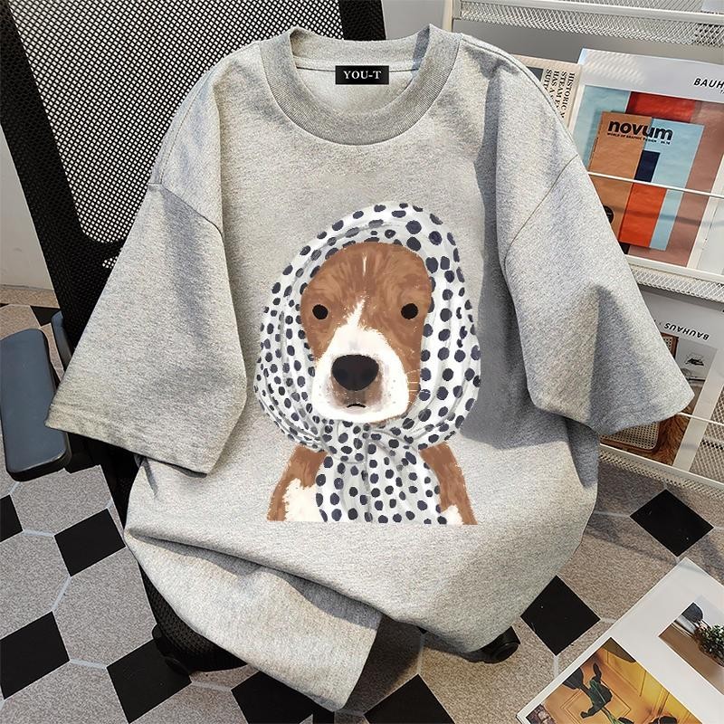 Top.street เสื้อยืด oversize เสื้อแฟชั่น ผู้ชายและผู้หญิง 'Headscarf dog' t shirt cotton100% ใส่สบาย ฤดูร้อน 2025