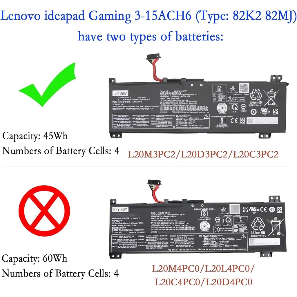 L20C3PC2 แบตเตอรี่แล็ปท็อป 45Wh ใช้งานร่วมกับ Lenovo ideapad Gaming 3-15IHU6 3-15ACH6 Series L20M3PC
