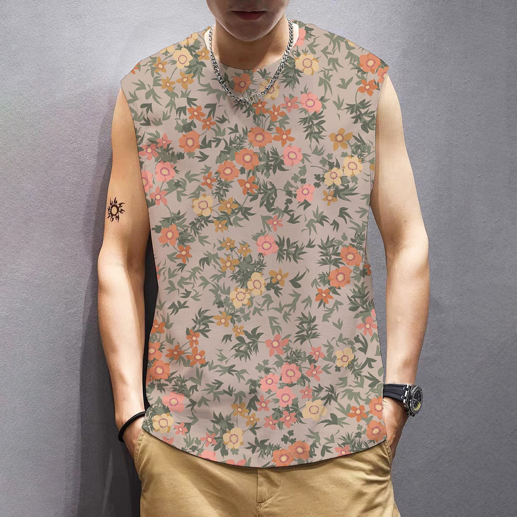 เสื้อกั๊กผู้ชายพิมพ์ลายสไตล์ฮ่องกong คอรอบแบบใส่สบาย