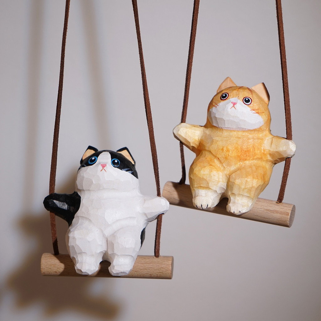 Dreamerhouse Cat Swing Handmade ไม้แกะสลักเครื่องประดับขนาดเล็กการ์ตูนน่ารักลูกแมวจี้สัตว์