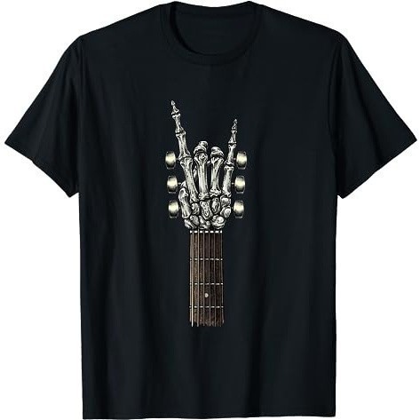 เสื้อยืดผู้ใหญ่คอกีตาร์ Rock On - With A Sweet Rock & Roll Skeleton Hand