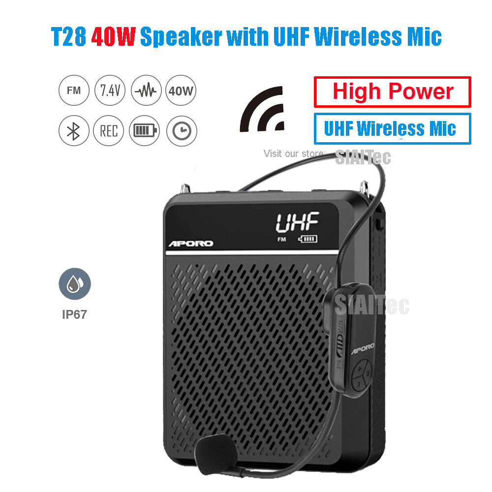 SIAITec Aporo T28 UHF ลําโพงไมโครโฟนแบบพกพา 40W พร้อมวิทยุ Bluetooth และไมโครโฟนไร้สาย UHF ปกกันน้ํา ไมโครโฟนสําหรับครู