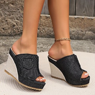 สไตล์ใหม่ 2025 รองเท้าส้นเตารีดผู้หญิงพื้นหนาปากปลารองเท้าแต…