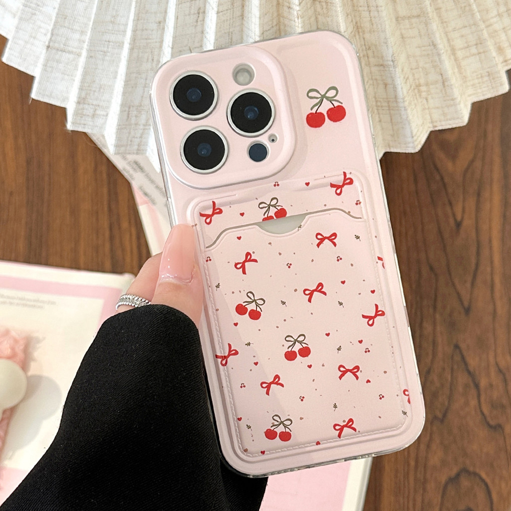 เคสการ์ดเชอร์รี่สีชมพูใส TPU สําหรับ Apple iPhone 11, 12, 13, 14, 15, 16 Pro Max, Plus, X, XR, XS Max, 7, 8 Plus, SE 2020