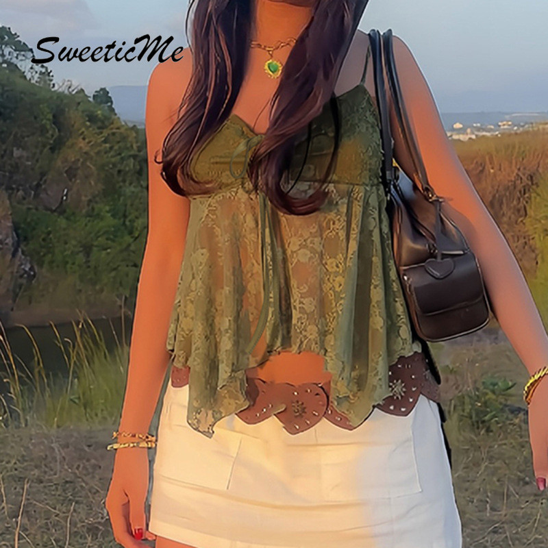 SweeticMe เสื้อ.camisole หญิง ลายลูกไม้เซ็กซี่ ปี2025 มีเชือกลากสีเขียว — صورة 5