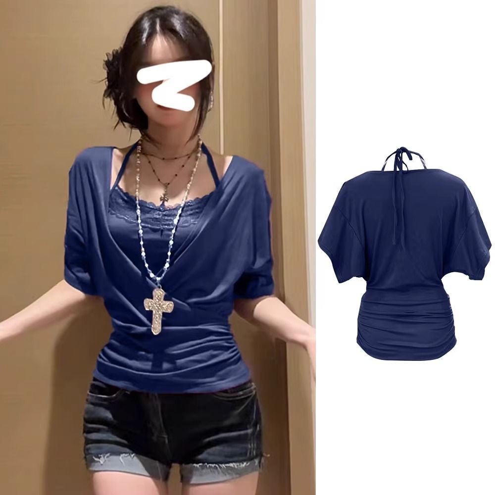 [ไม่เชือกแขวนคอ] แขนสั้นเต็มน้ําตาลบอลie Pure Desire เสื้อยืดคอใหญ่ด้านบน + เชือกแขวนคอลูกไม้สลิงผู้