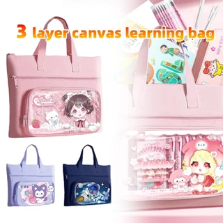 กระเป๋าผ้าใบนักเรียน 3ชั้น กันน้ำได้ แบบถือหิ้วใส่ของ โท้ทการ์ตูน สำหรับเด็กประถม เก็บเอกสาร