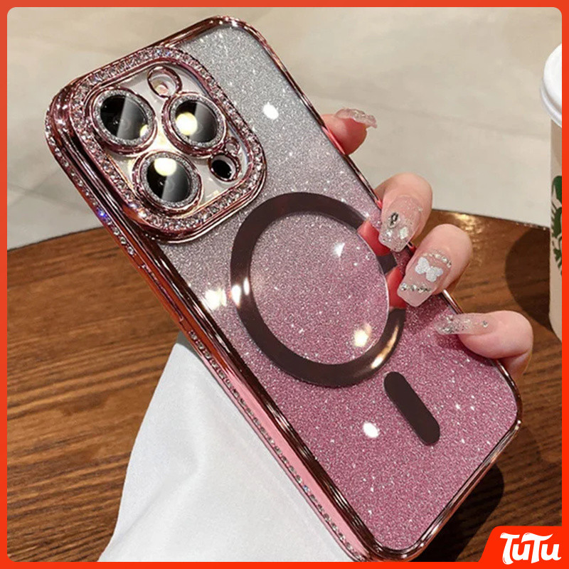 TuTu Vogue Glitter Diamond setting Magnetic Wireless Charge เคสโทรศัพท์สําหรับ iPhone 16 15 14 11 12 13 Pro Max Plus กันกระแทกกันชนนุ่มกรณีปกหลังความงาม เคสกันกระแทก เคสซิลิโคน เคสไอโฟน11