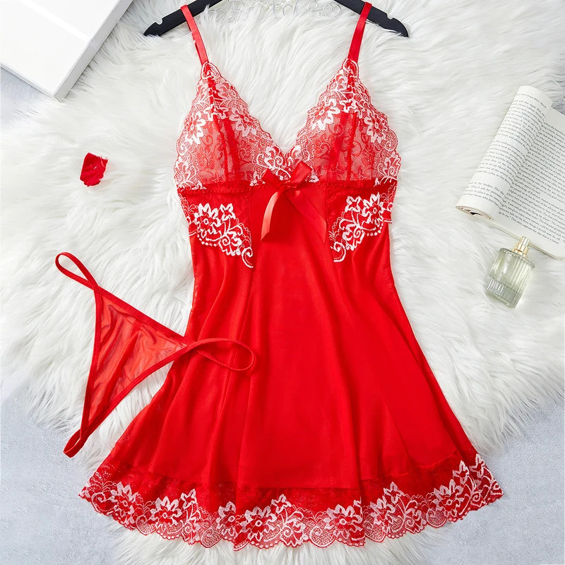 SX Red Contrast Mesh Lace Lingerie Set Deep V Transparent Slip Nightdress & Thong Pijamas Set Women'