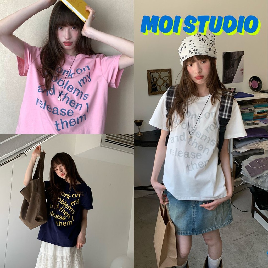 MOI 🌺  เกาหลีสไตล์ ผู้หญิง เสื้อยืด  พิมพ์ลาย”WORK ON MY PROBLEMS”ผ้าCOTTON โคตรนุ่ม  ผ้าฝ้ายใส่สบาย OVERSIZE  ส่งจากไทย