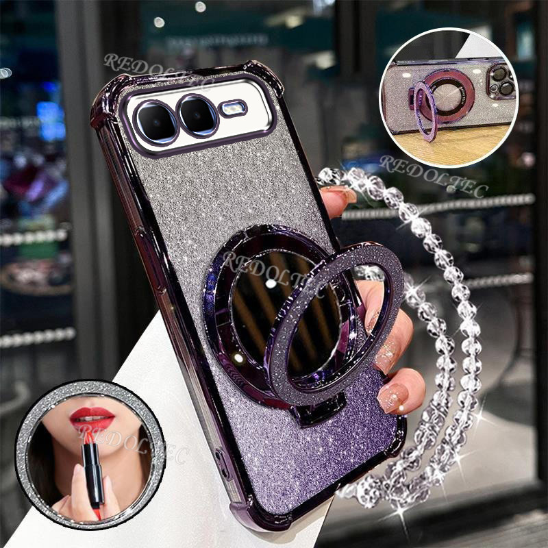 เคส Infinix Smart 10 Plus ใหม่ปลอกแวววาวพร้อมกระจกแต่งหน้าที่วางขาตั้งแม่เหล็ก Infinix Smart10 Plus สมาร์ท 10Plus เลนส์ป้องกันพร้อมวงเล็บเชือกเส้นเล็กกันกระแทกโพธิ์
