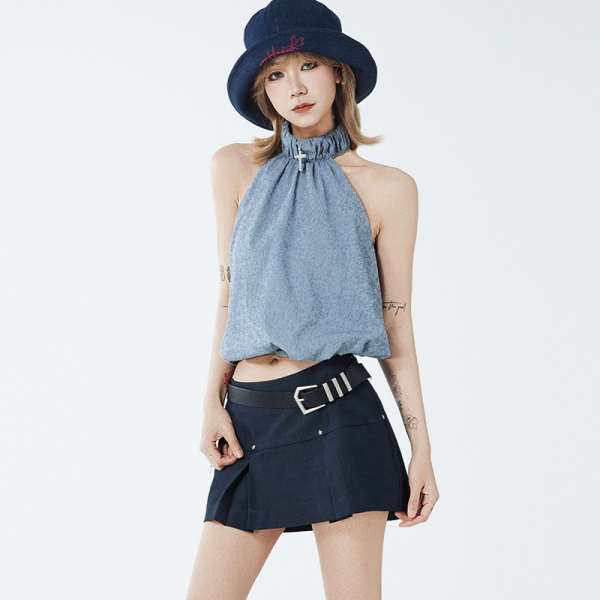 VCR STUDIO Y2K เสื้อกล้ามสายคล้องคอลายทางแบบไม่มีสายคล้องคอลายทางออกแบบข้ามฤดูร้อนเสื้อใส่แล้วดูผอม