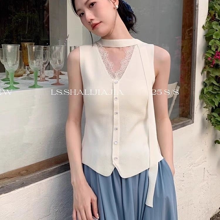 GAKKI เสื้อกั๊กถักลายลูกไม้ผู้หญิง เสื้อกั๊กไหมพรมผู้หญิง ฟรีไซส์ รุ่น 3251#