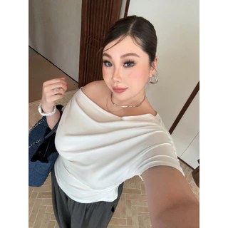 CiCi Plus+(J2207)เสื้อปาดไหล่แขนสั้นผ้าเรยอน สีพื้น ใส่สบาย ดีเทลหน้าสั้นหลังยาว สาวพลัสไซส์
