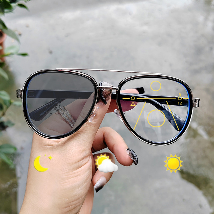 แว่นตาอ่านหนังสือขนาดใหญ่โลหะ TR90 Blue Light Protection Progressive สมาร์ทซูมใกล้และ Far แฟชั่น Retro เกรดกลางแจ้ง Photochromic ป้องกันรังสีผู้ชายผู้หญิง SPG945