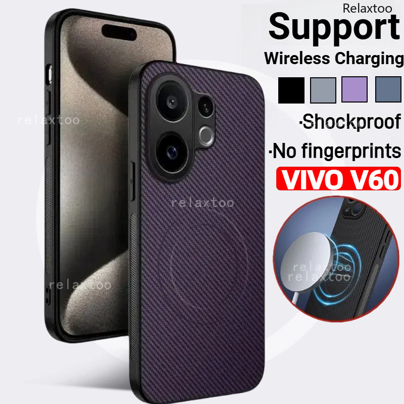 VIVOV60 2025 สําหรับ VIVO V60 Pro Lite E V60Pro V60Lite V60E VIVOV60Pro 5G 4G Matte คาร์บอนไฟเบอร์รูปแบบแม่เหล็กนุ่มไร้สายชาร์จเคสโทรศัพท์ปกป้องกันกระแทกปกหลัง