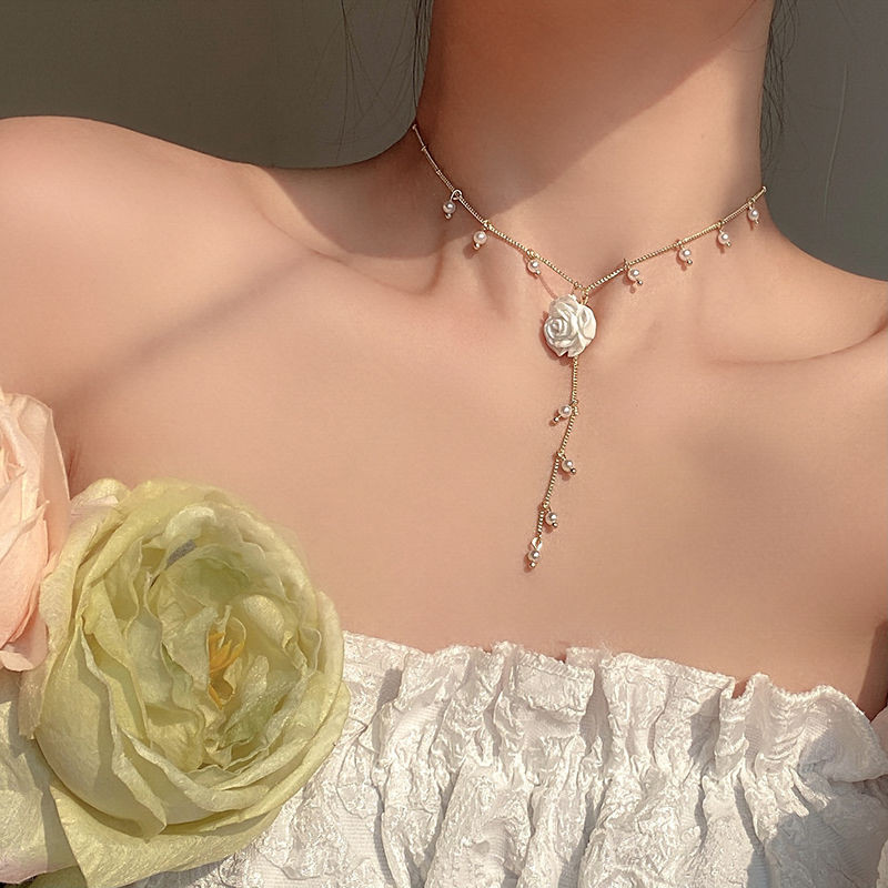 法 玫瑰 花珠 流 โซ่ 女 超仙 复古choker 链 หรูหราร้ายแรง温 锁骨 สร้อยคอสร้อยคอพู่มุกกุหลาบฝรั่งเศสสําหรับการฟื้นฟูนา