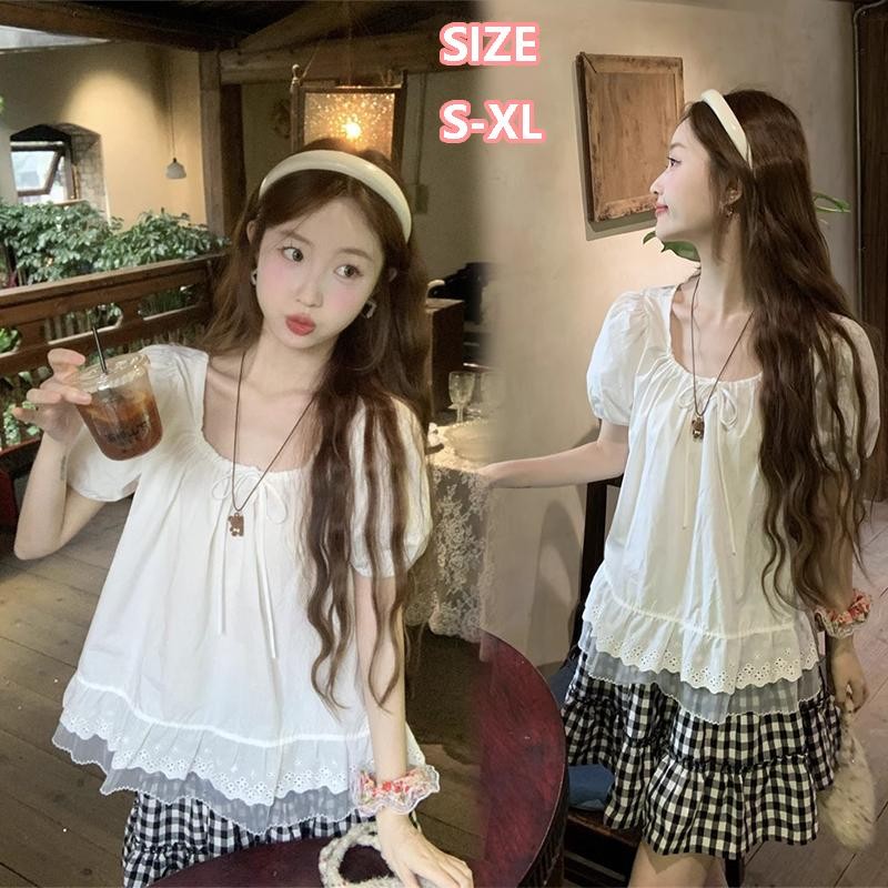 ohho เสื้อเชิ้ตโอเวอร์ไซส์เกาหลีหวานๆ ทรงหลวม คอเหลี่ยม แต่งระบายลูกไม้ น่ารักสุดๆ ดูสดใส สามารถสวมใส่ได้ในทุกโอกาส#w638